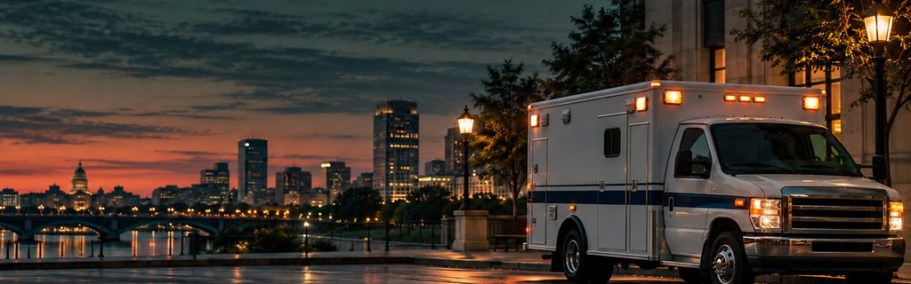 An unbranded ambulance parked on a quiet city street at dusk.